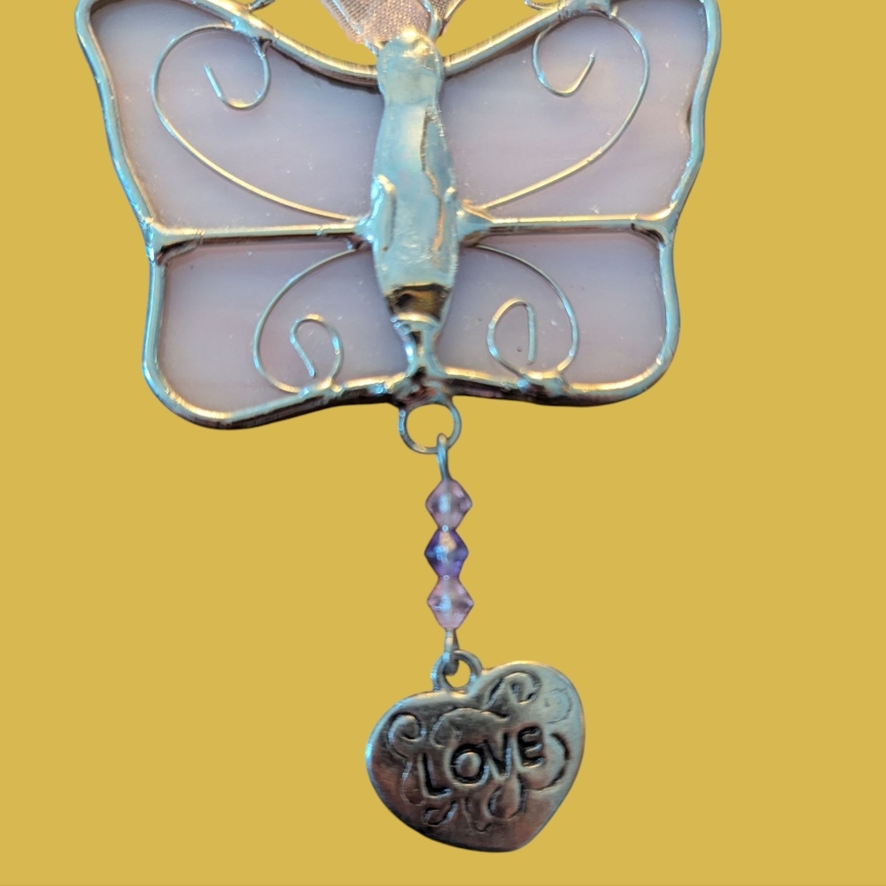 Pink Butterfly Ornament with Heart Charm "Love"